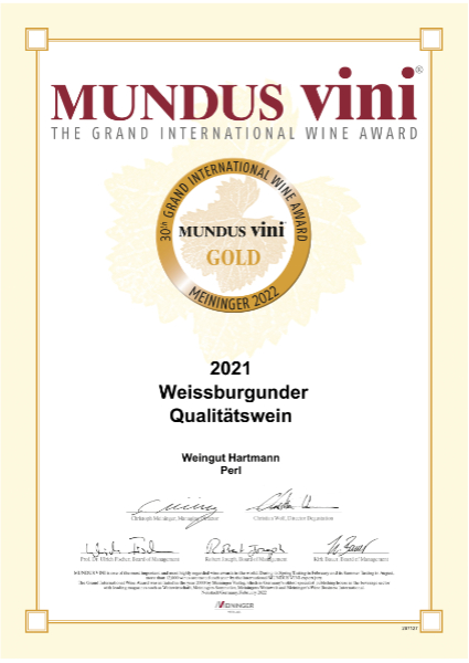 Auszeichnung Mundus Vini Gold Weissburgunder 2021 